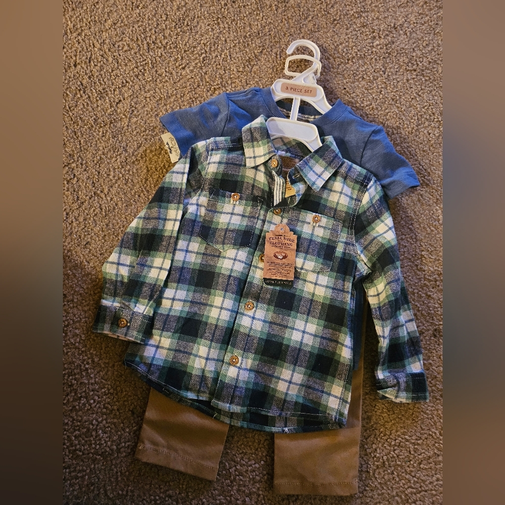 3 Piece Plaid Green and Blue Kids Shirt, t shirt and pants